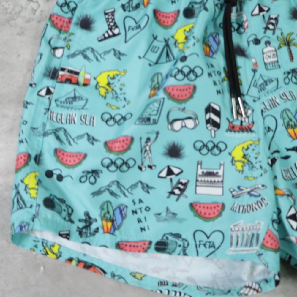 Free Line Athens Swim Shorts Small Teal Greek Vacation Print Trunks - Picture 5 of 7